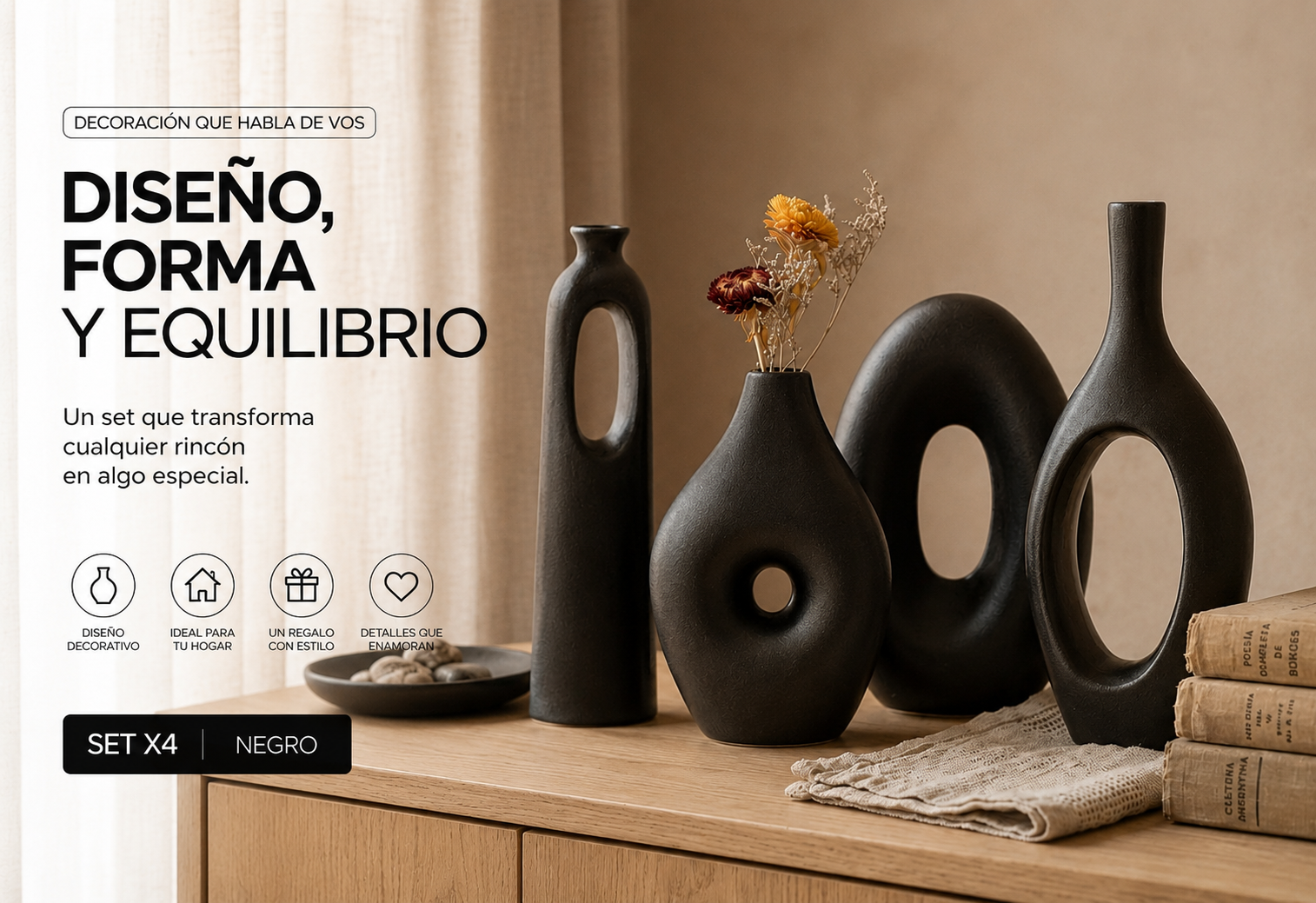 Set x4 jarrones decorativos de cer&aacute;mica negra