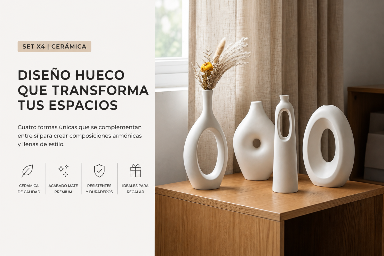 Set x4 jarrones decorativos de cer&aacute;mica blanca