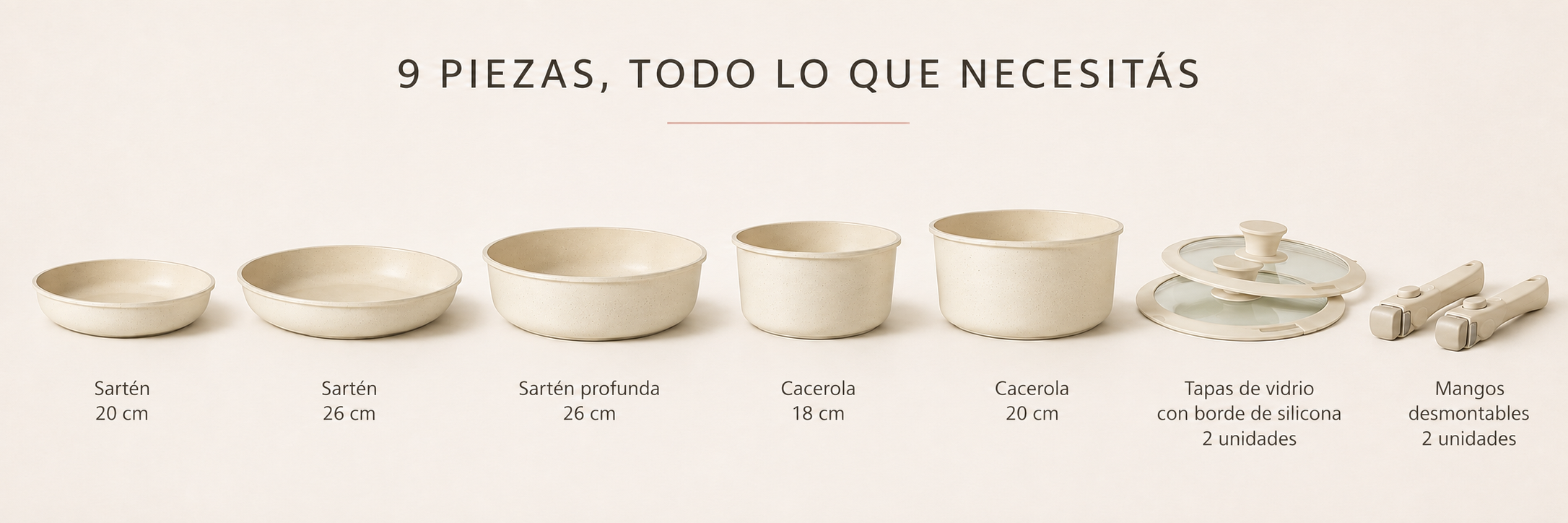 Composición del set de cocina de 9 piezas con sartén de 20 cm, sartén de 26 cm, sartén profunda de 26 cm, cacerola de 18 cm, cacerola de 20 cm, dos tapas de vidrio con borde de silicona y dos mangos desmontables