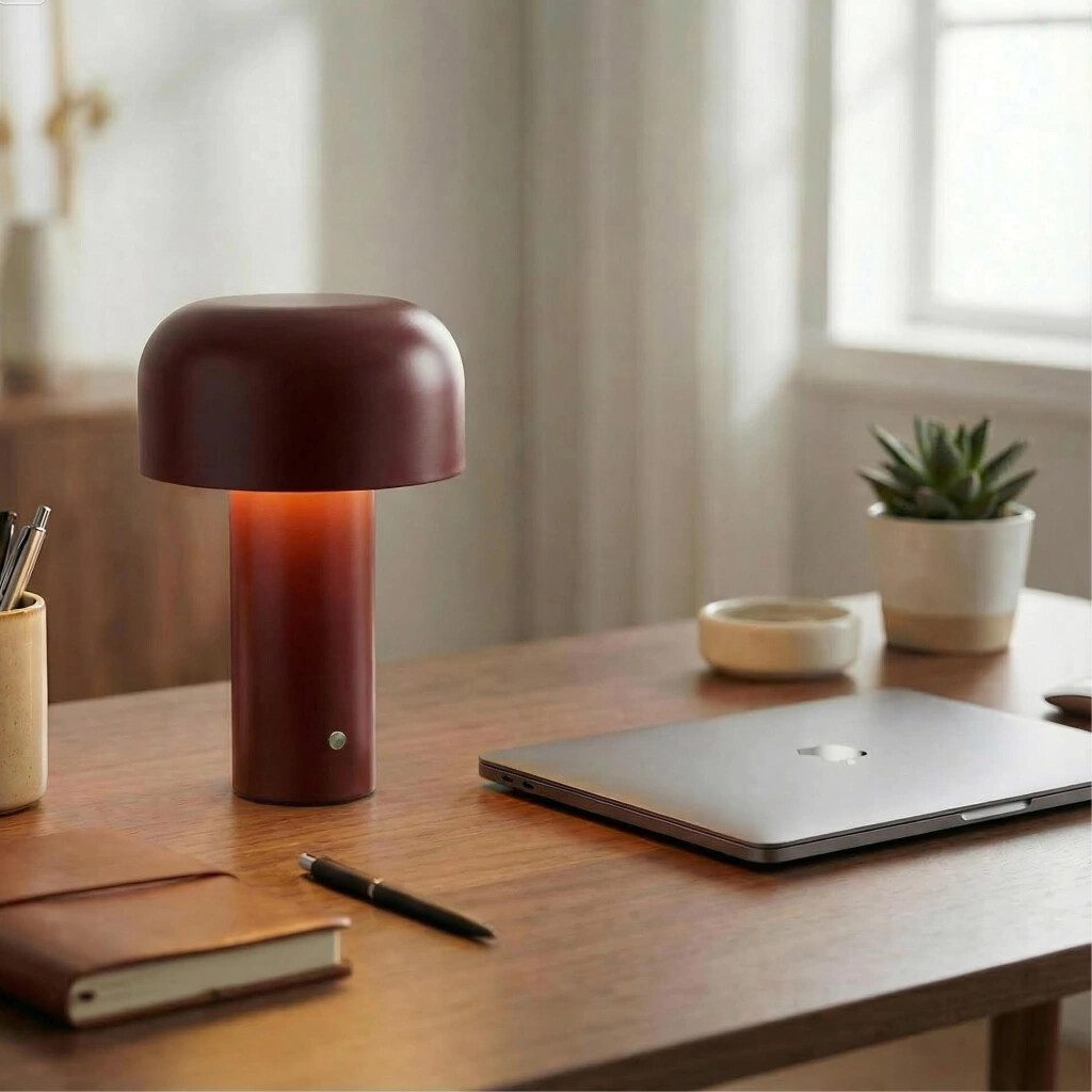 L&aacute;mpara LED t&aacute;ctil roja en escritorio