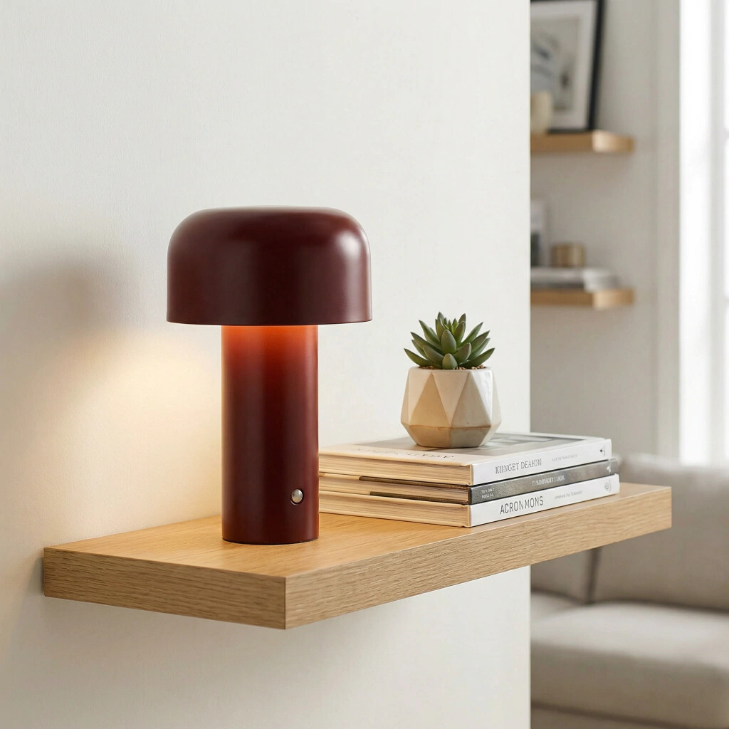L&aacute;mpara LED t&aacute;ctil roja en rinc&oacute;n del living