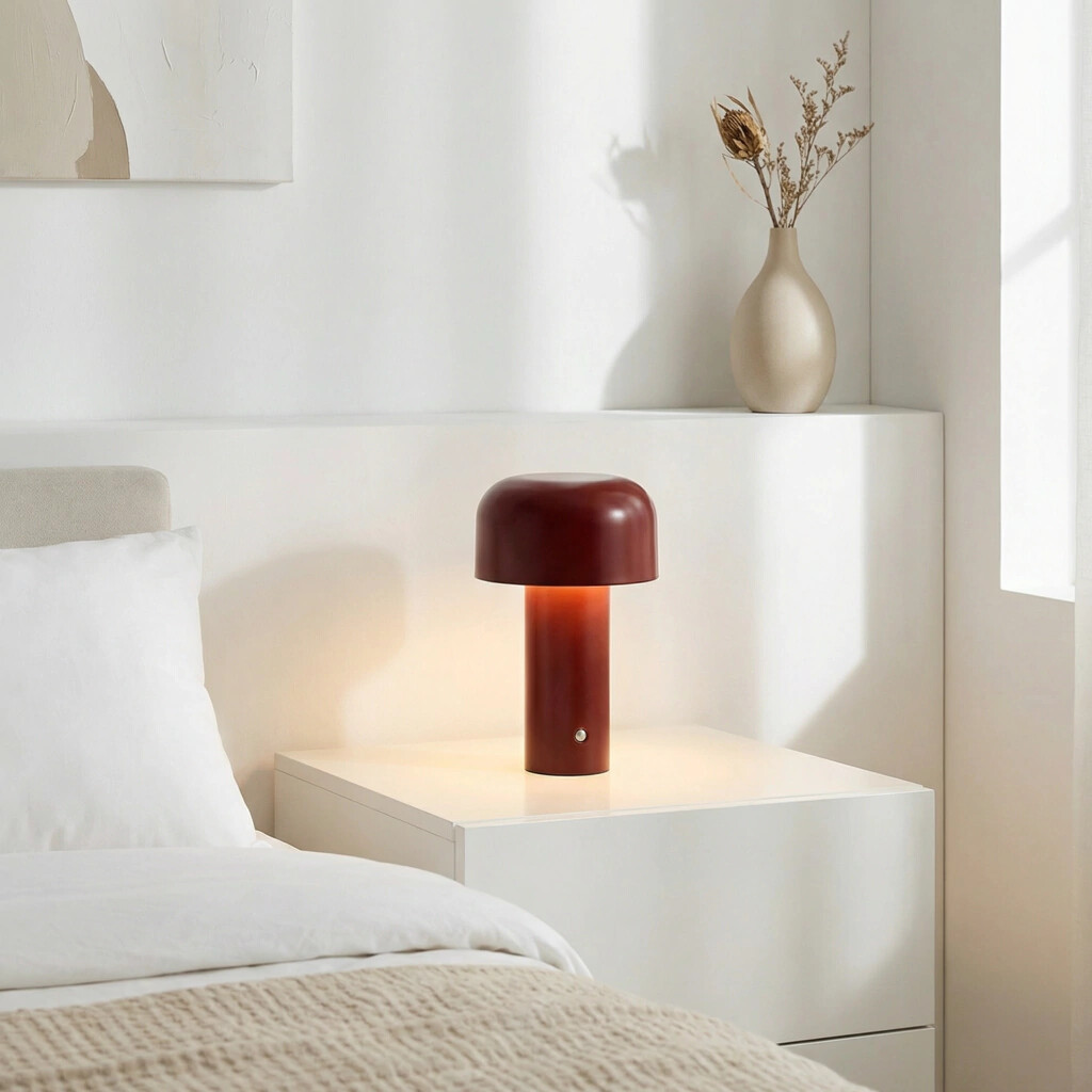 L&aacute;mpara LED t&aacute;ctil roja en mesa de luz