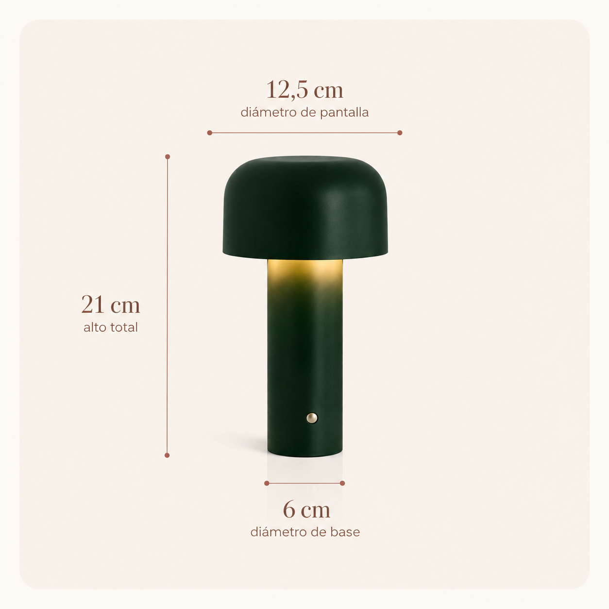 Medidas de la l&aacute;mpara LED t&aacute;ctil recargable verde: 21 cm de alto total, 12,5 cm de di&aacute;metro de pantalla y 6 cm de di&aacute;metro de base