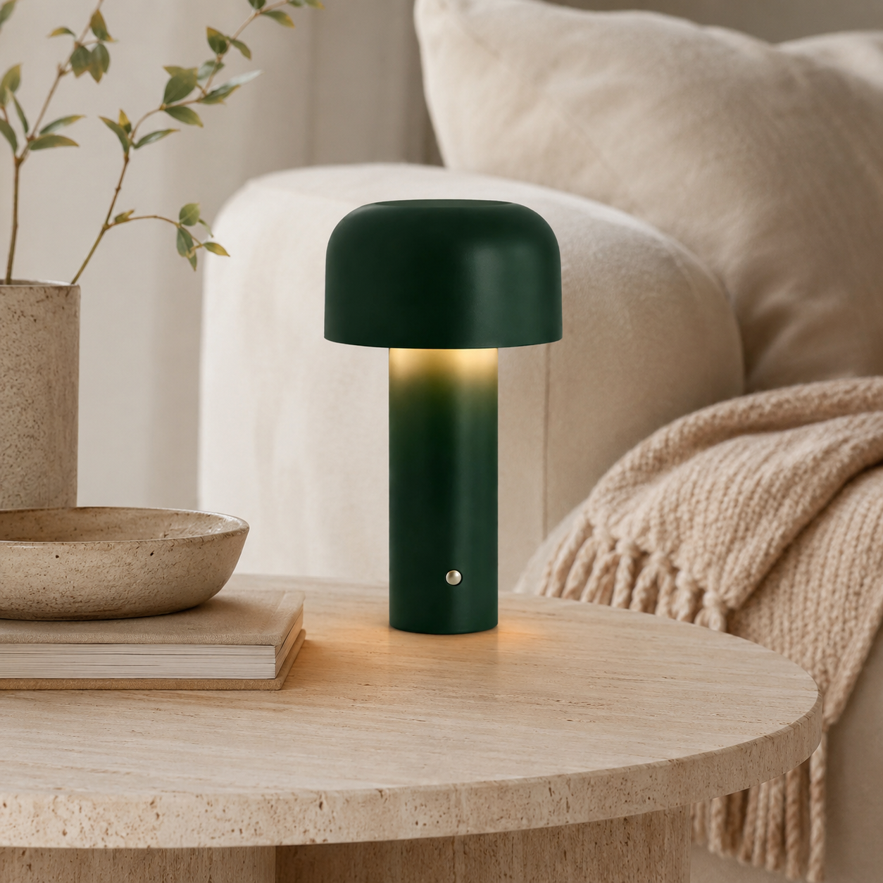 L&aacute;mpara LED t&aacute;ctil verde en rinc&oacute;n del living