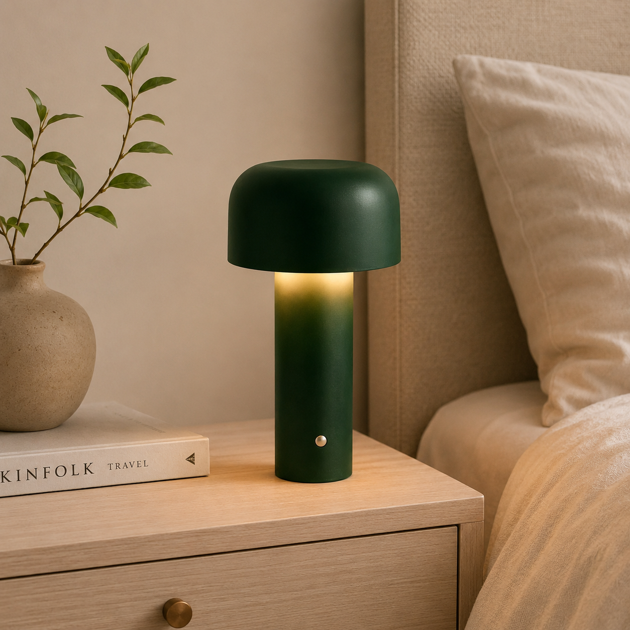 L&aacute;mpara LED t&aacute;ctil verde en mesa de luz