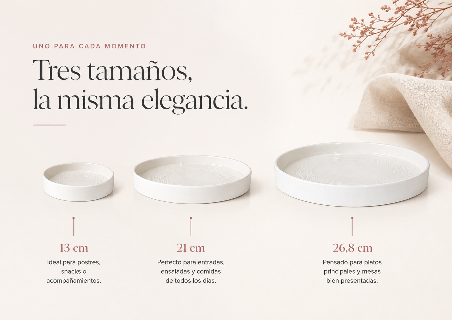 Tres tama&ntilde;os de platos de porcelana - 13 cm, 21 cm y 26,8 cm