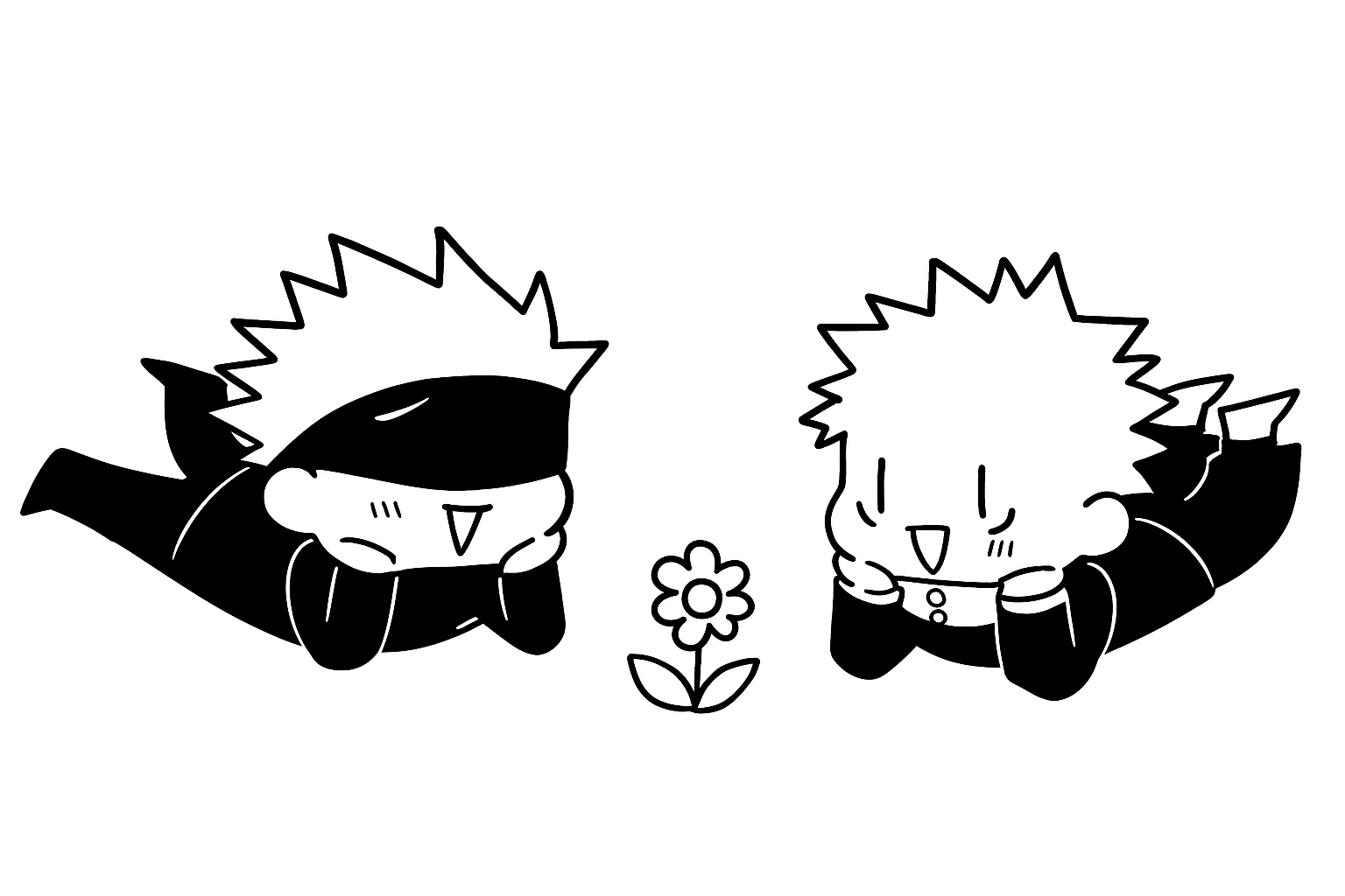 personagens Gojo e Itadori em formato chibi, deitados observando uma flor.
