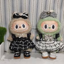 Roupas de boneca acessórios labubu roupas designer preto e branco vestido  xadrez conjunto diy mini bonecas roupas presente da menina