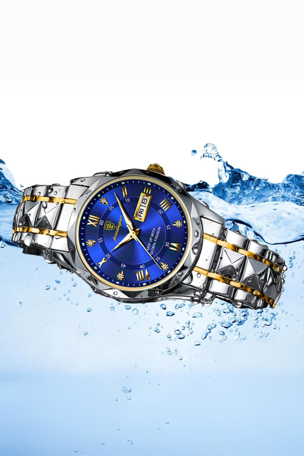 A watch in water with water splashing around it

AI-generated content may be incorrect.
