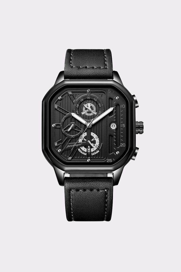 A black watch with a leather strap

AI-generated content may be incorrect.