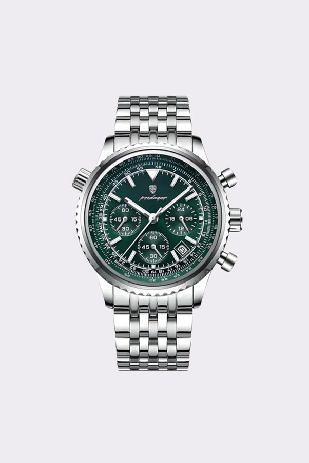 A silver and green watch

AI-generated content may be incorrect.