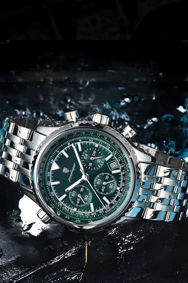 A silver watch with a green face

AI-generated content may be incorrect.