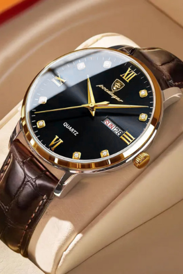 A watch with a leather strap

AI-generated content may be incorrect.