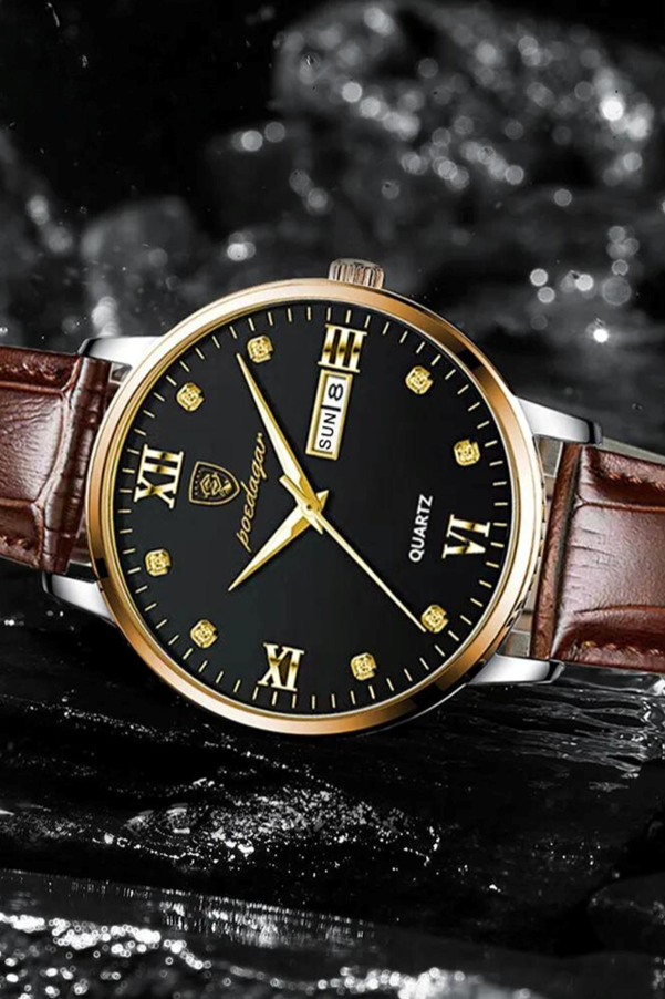 A watch with a brown leather strap

AI-generated content may be incorrect.