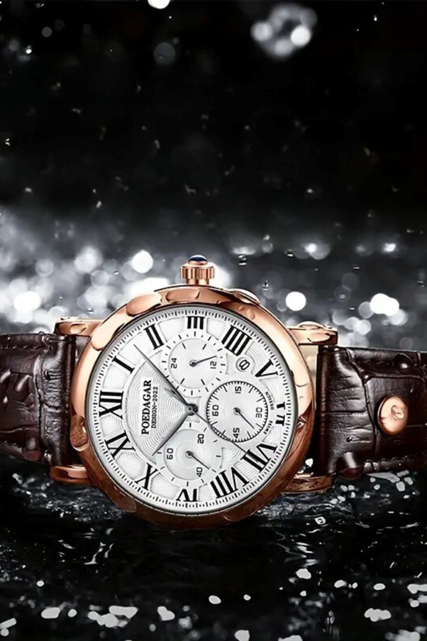 A watch with a leather strap

AI-generated content may be incorrect.