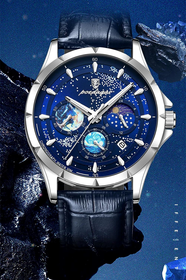 A watch with a blue dial and a black leather strap

AI-generated content may be incorrect.
