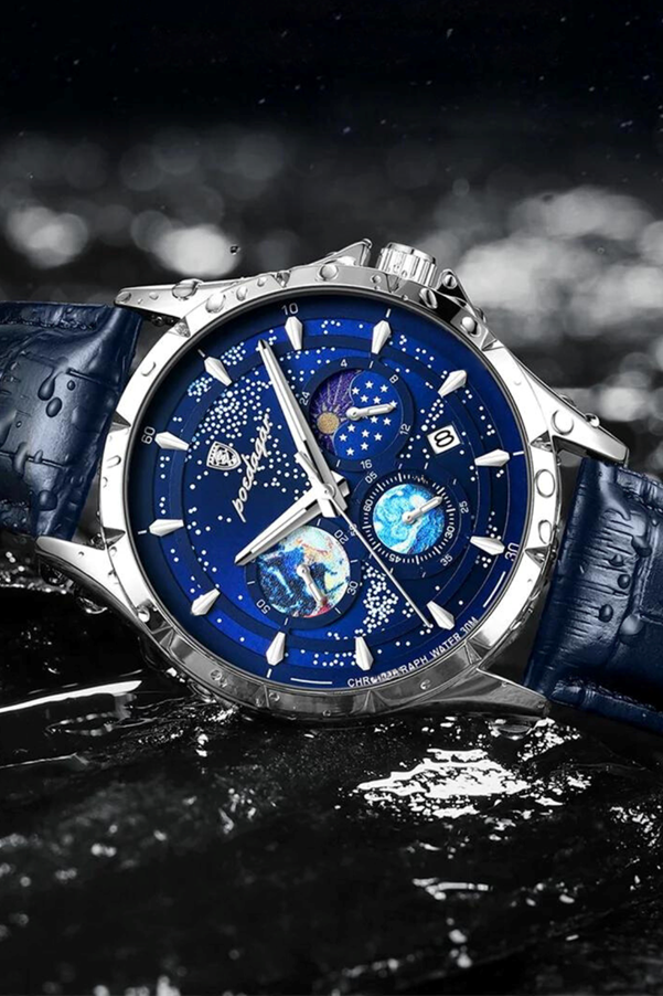 A watch with a blue leather strap

AI-generated content may be incorrect.