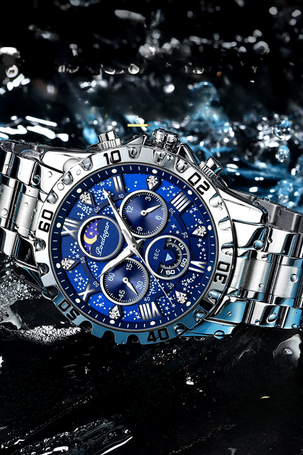 A silver and blue watch

AI-generated content may be incorrect.