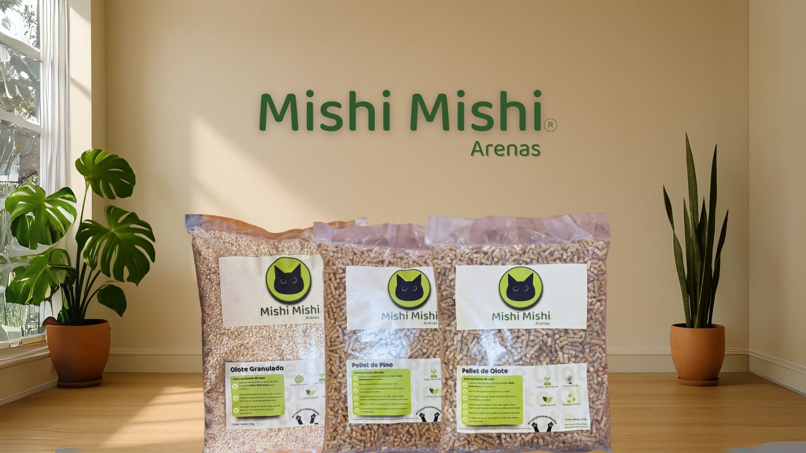 Arenas biodegradables naturales para gato de la marca Mishi Mishi
