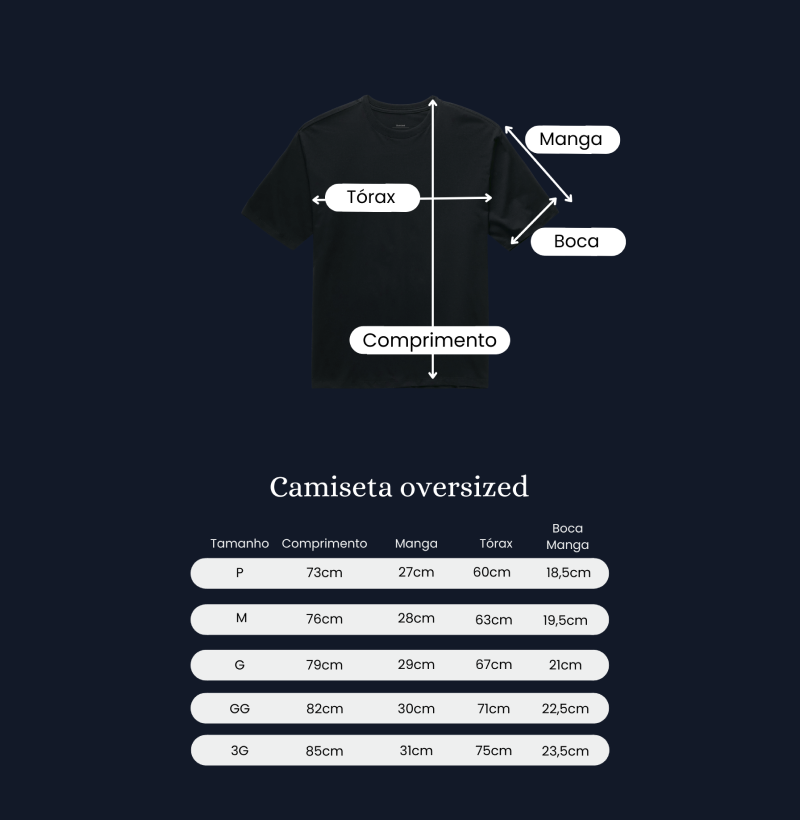Guia de tamanho camisa oversized