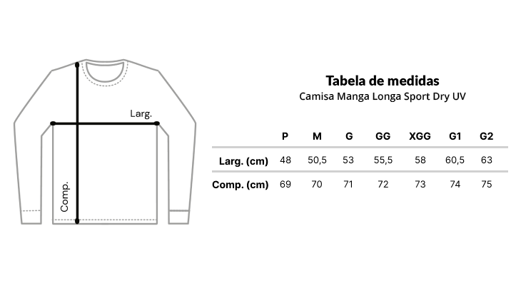 Tabela de Medidas da Camisa Manga Longa Sport UV