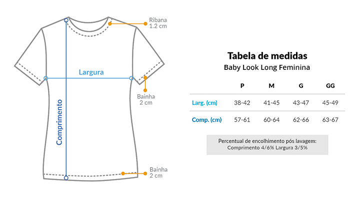 Tabela de Medidas da Baby Look Long Prime