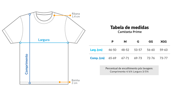 Tabela de Medidas da Camiseta Prime