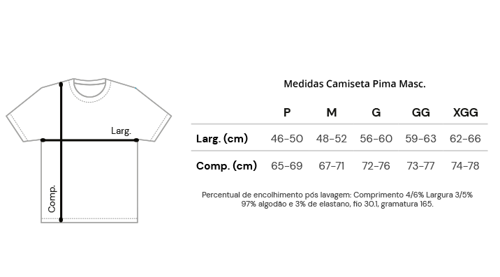 Tabela de Medidas da Camiseta Pima