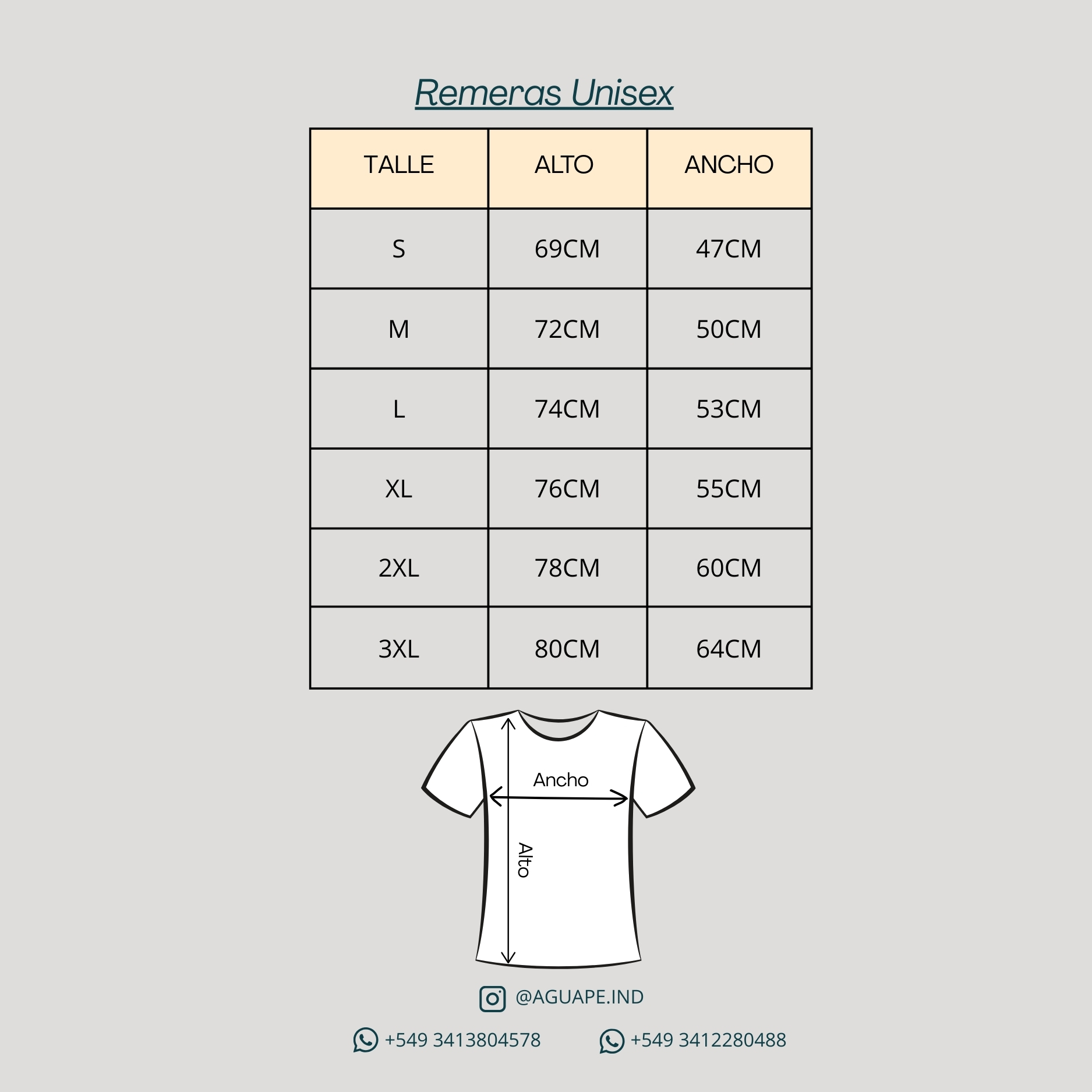 Guía de talles remeras unisex