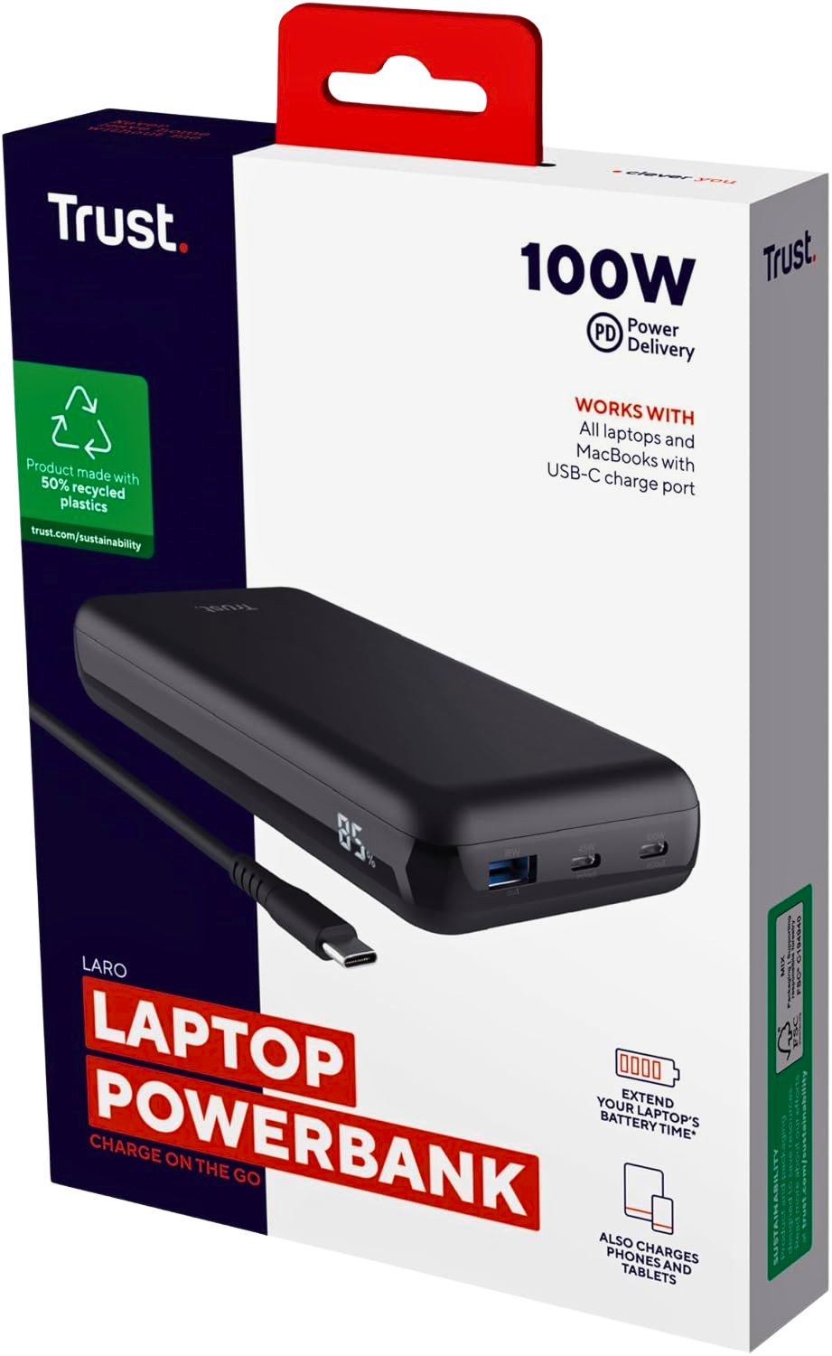 Powerbank Trust Laro 100W cargando laptop