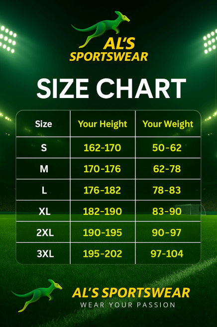 AL’s Sportswear size chart with height in cm and weight in kg for sizes S to 3XL