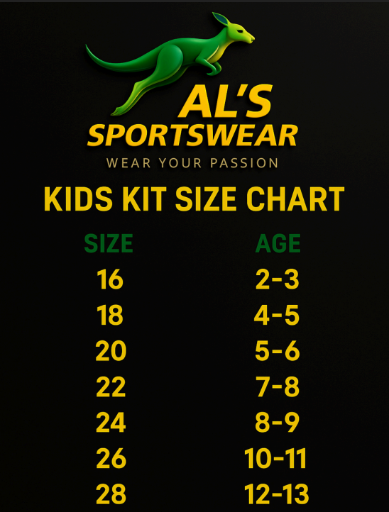 AL’s Sportswear kids size chart with height in cm and weight in kg for children’s sizes