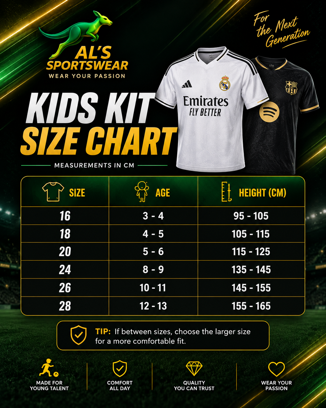 Kids' football shirt size chart