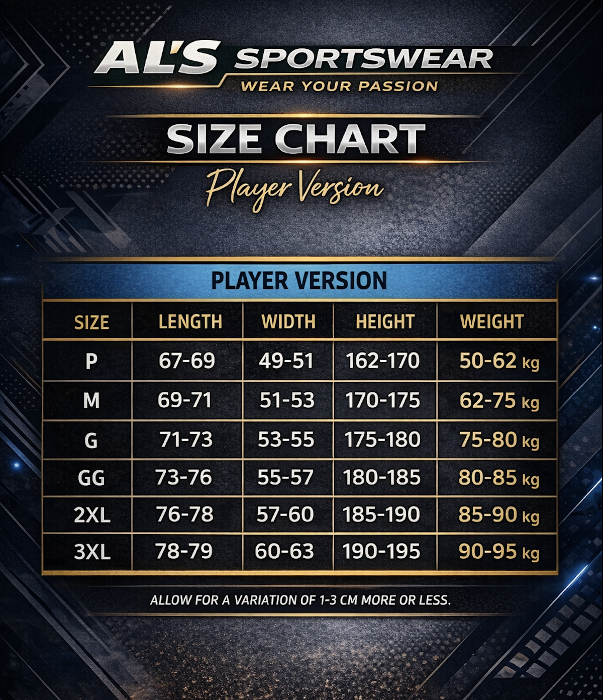 Player version size chart