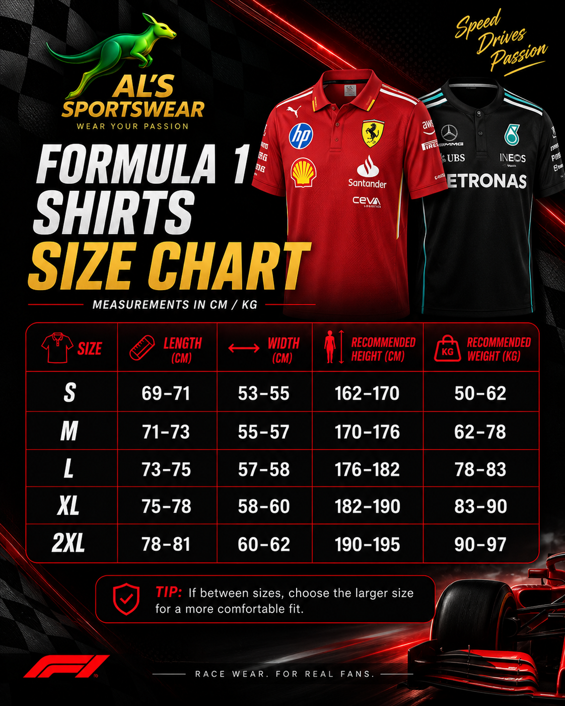 Formula 1 motorsport shirt size chart