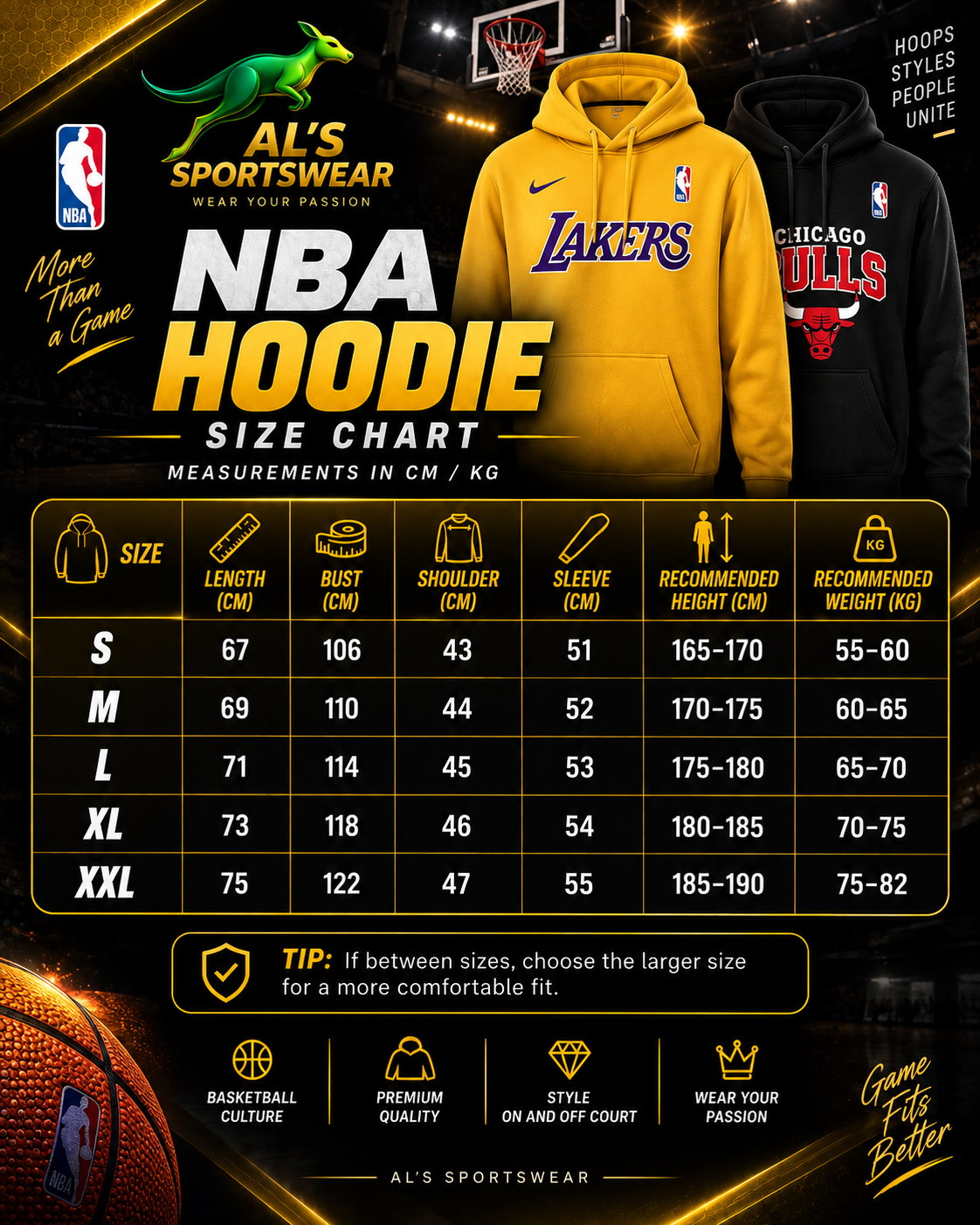 NBA basketball hoodie size chart