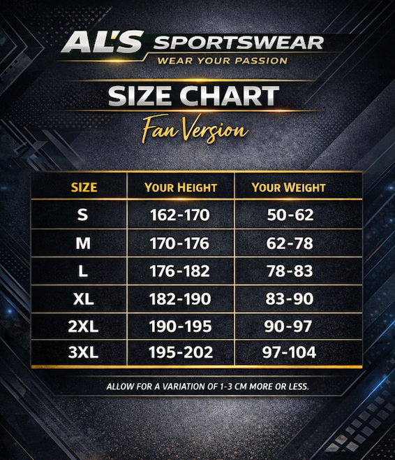 AL&rsquo;s Sportswear fan and retro size chart