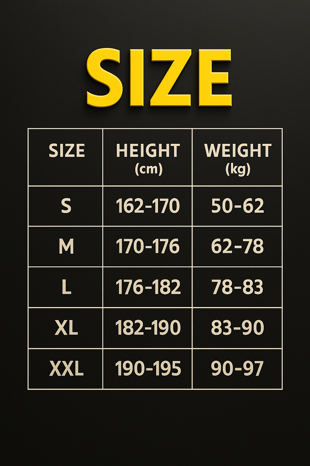 AL&rsquo;s Sportswear Player size chart with height in cm and weight in kg