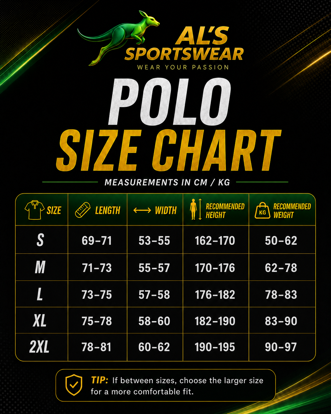Polo shirt size guide