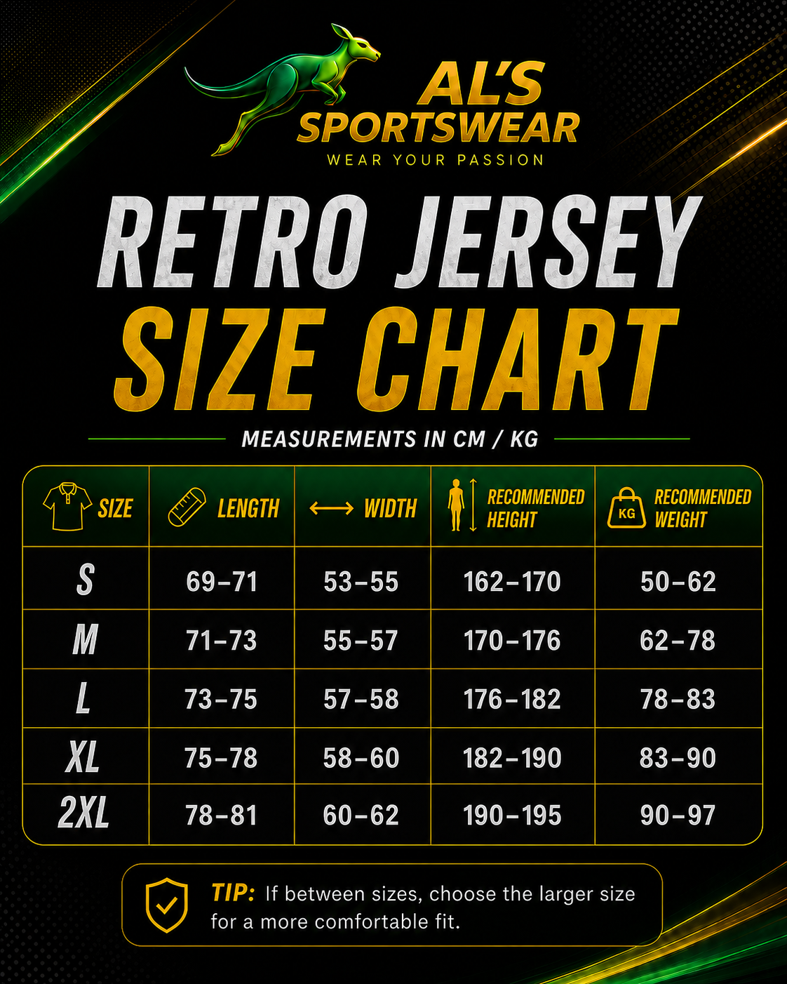 Retro shirt size chart