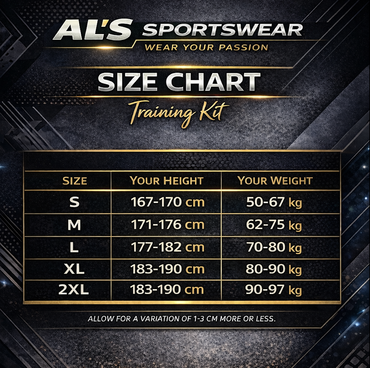 AL&rsquo;s Sportswear summer training kit size chart