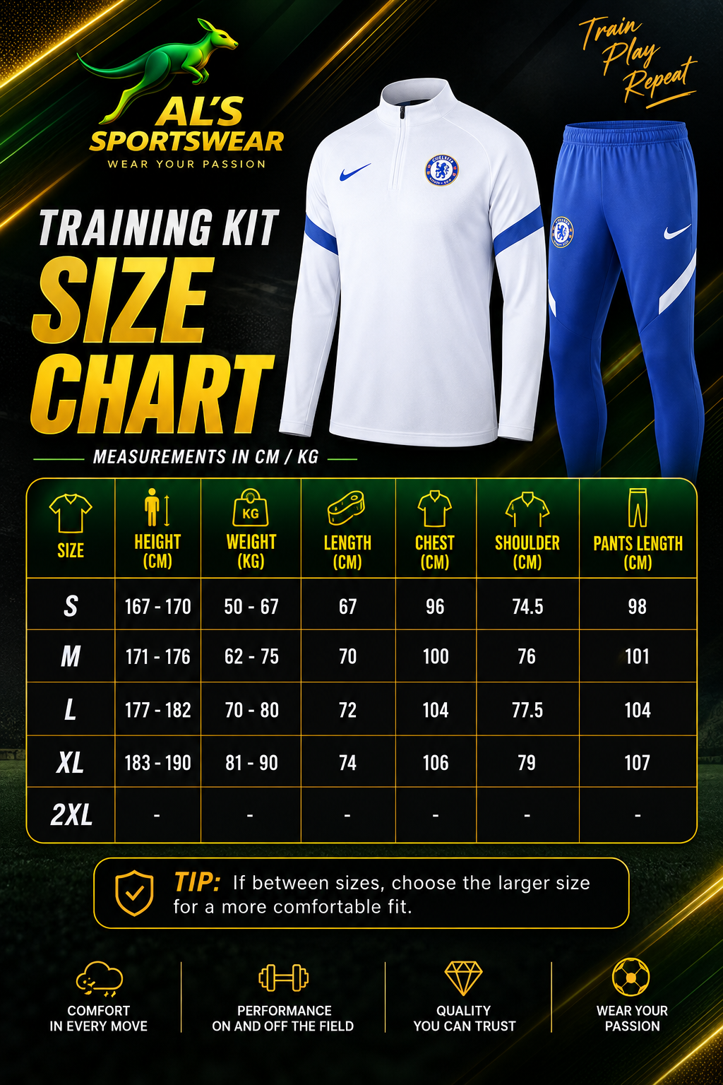 Men's football shirt size chart