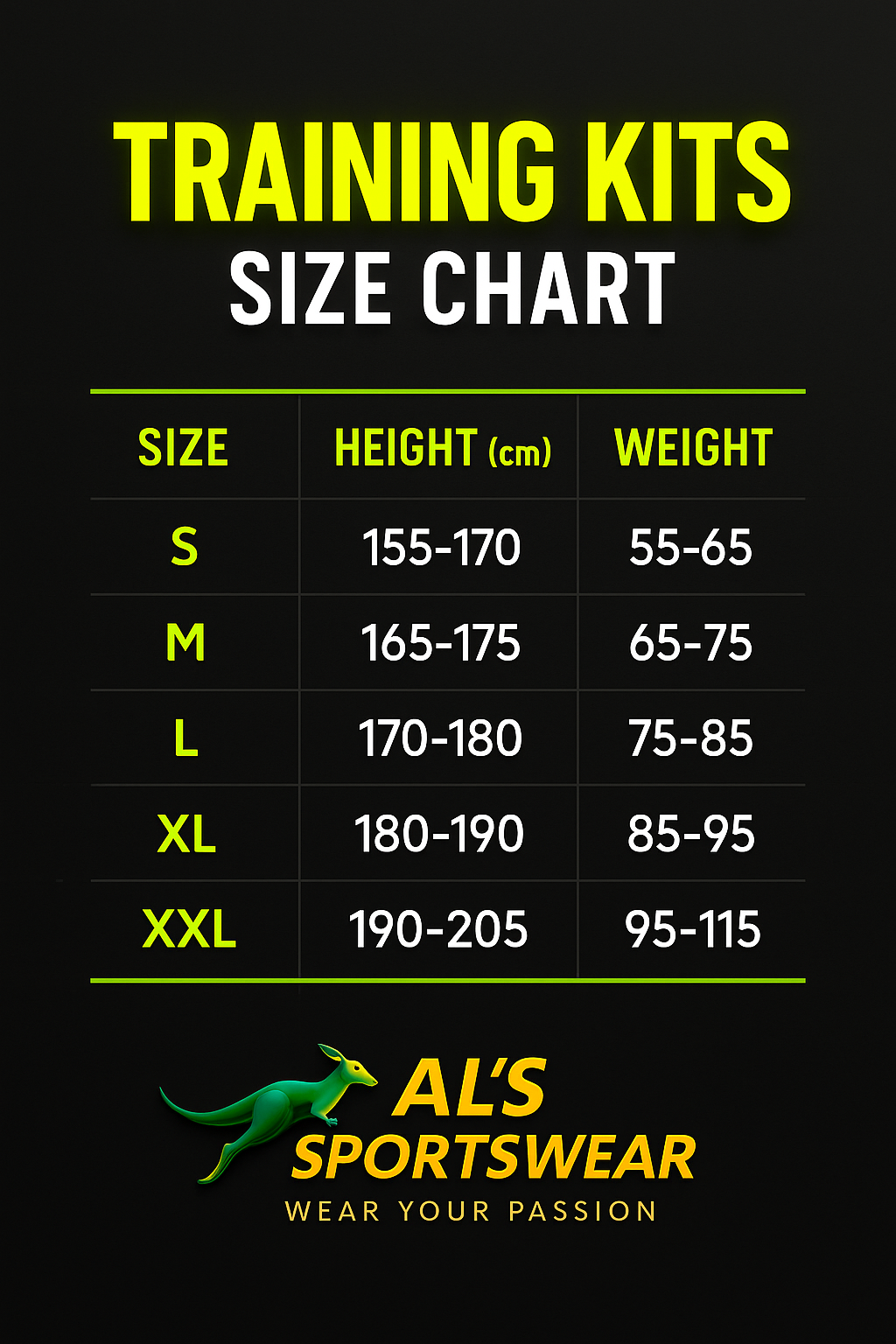 Training size chart with height and weight reference