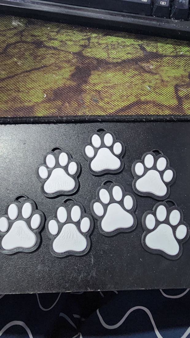 Plaquinhas de identificação pet em formato de patinha branca com contorno preto