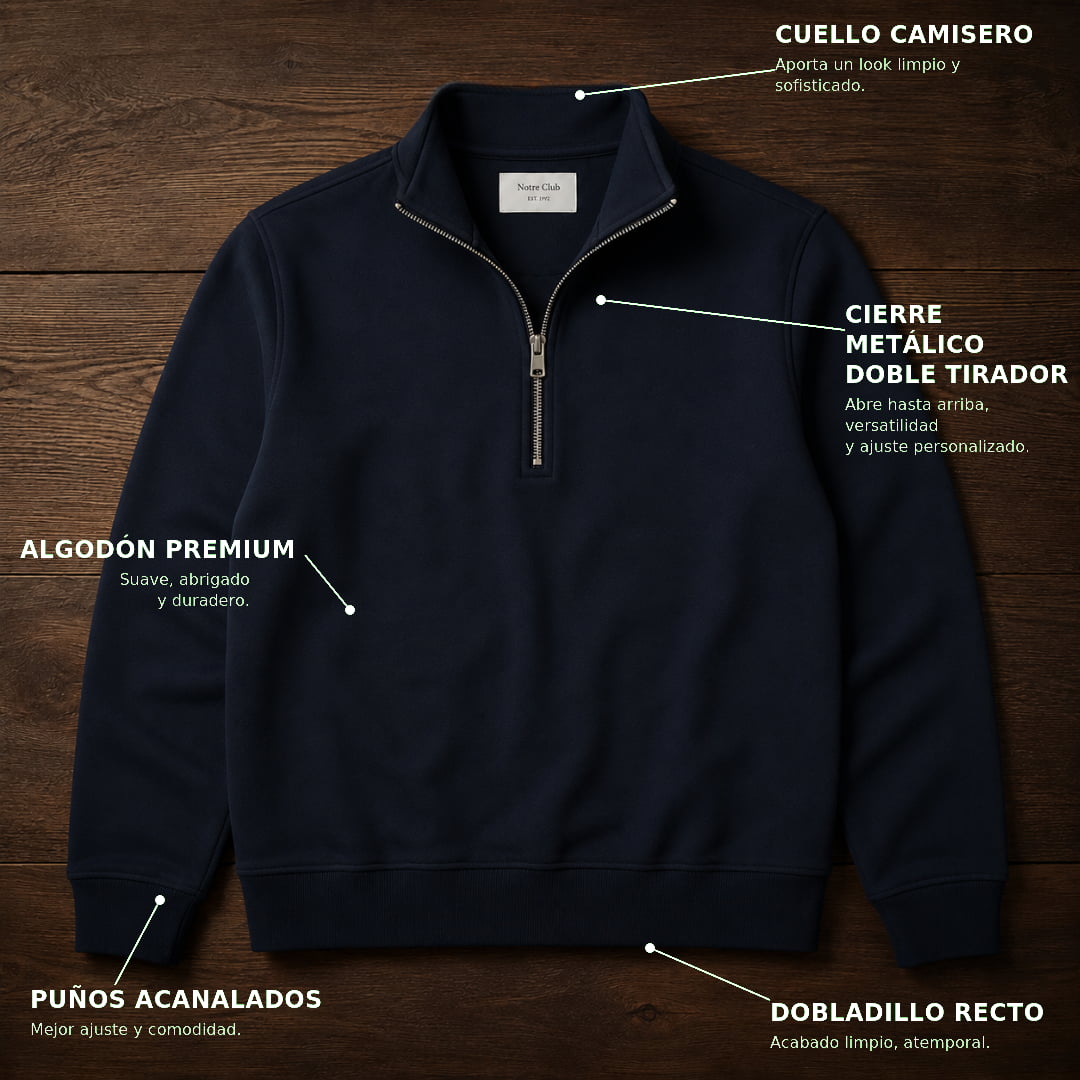 Ficha t&eacute;cnica Notr&egrave;: cuello camisero, cierre met&aacute;lico doble tirador, algod&oacute;n premium, pu&ntilde;os acanalados, dobladillo recto