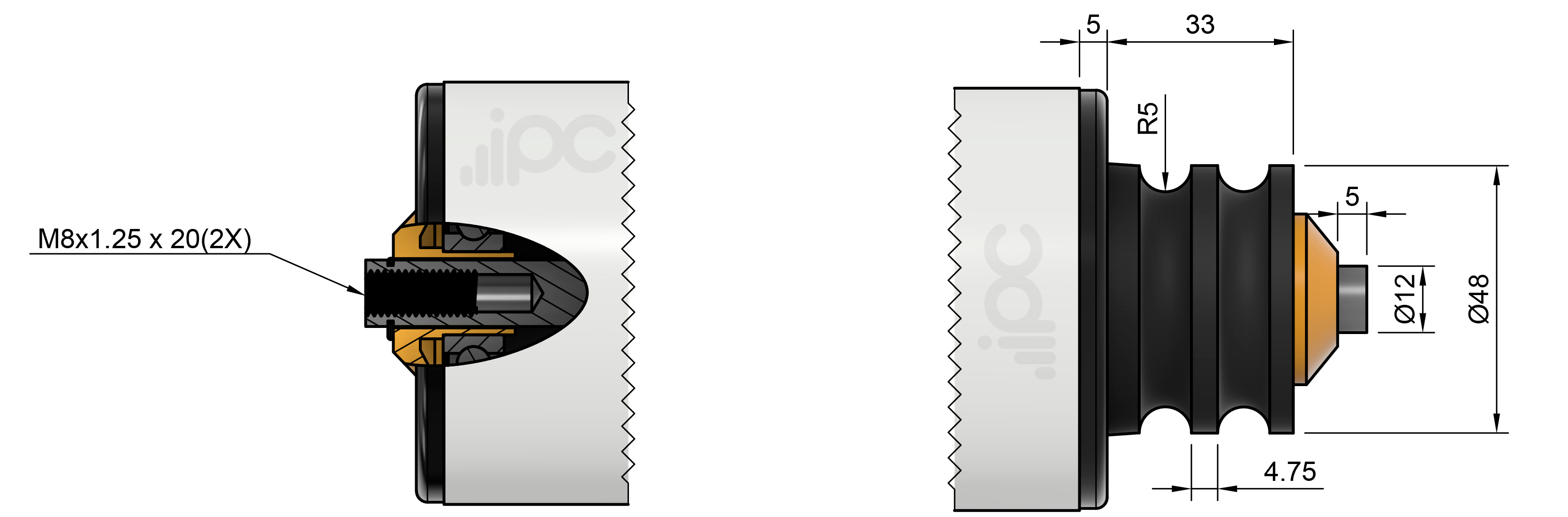 Detalhe com as medidas da bucha de 2 canais poly cord
