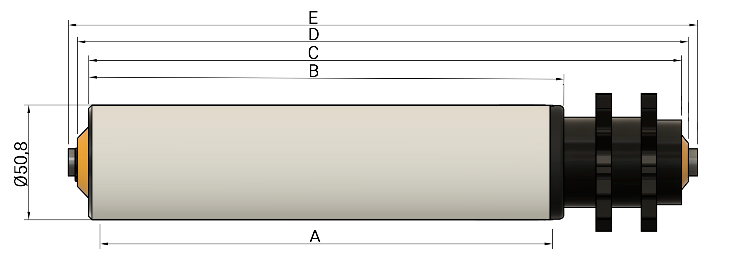 Desenho com medidas ABC do rolete de PVC com engrenagem dupla