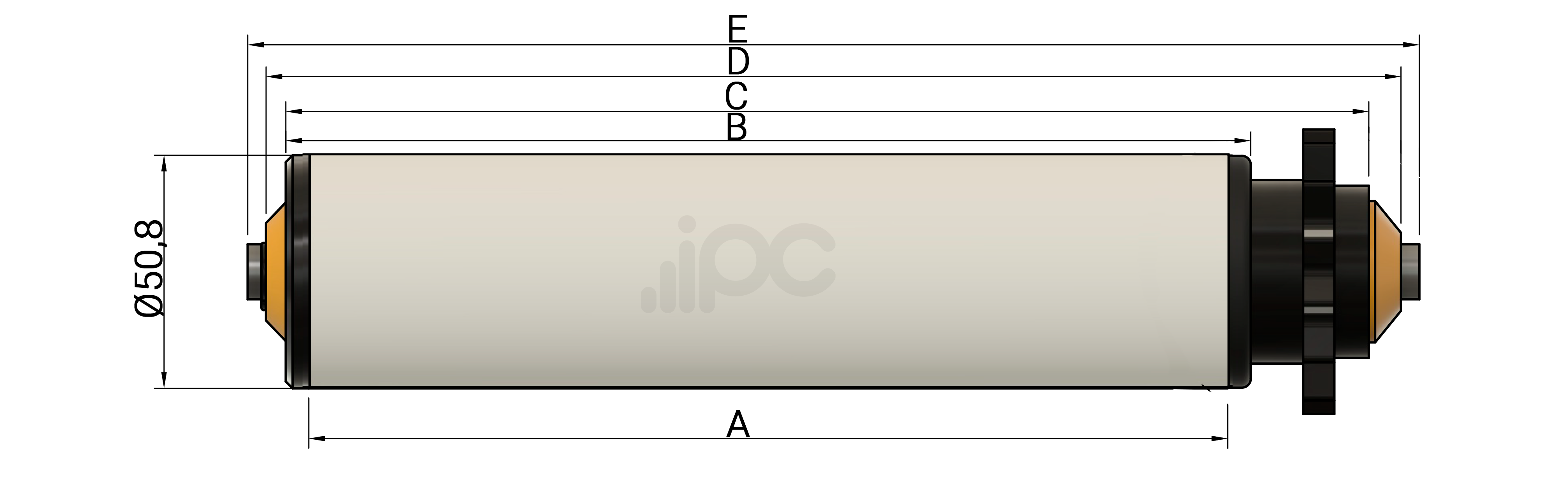Desenho com medidas ABC do rolete de PVC com engrenagem simples