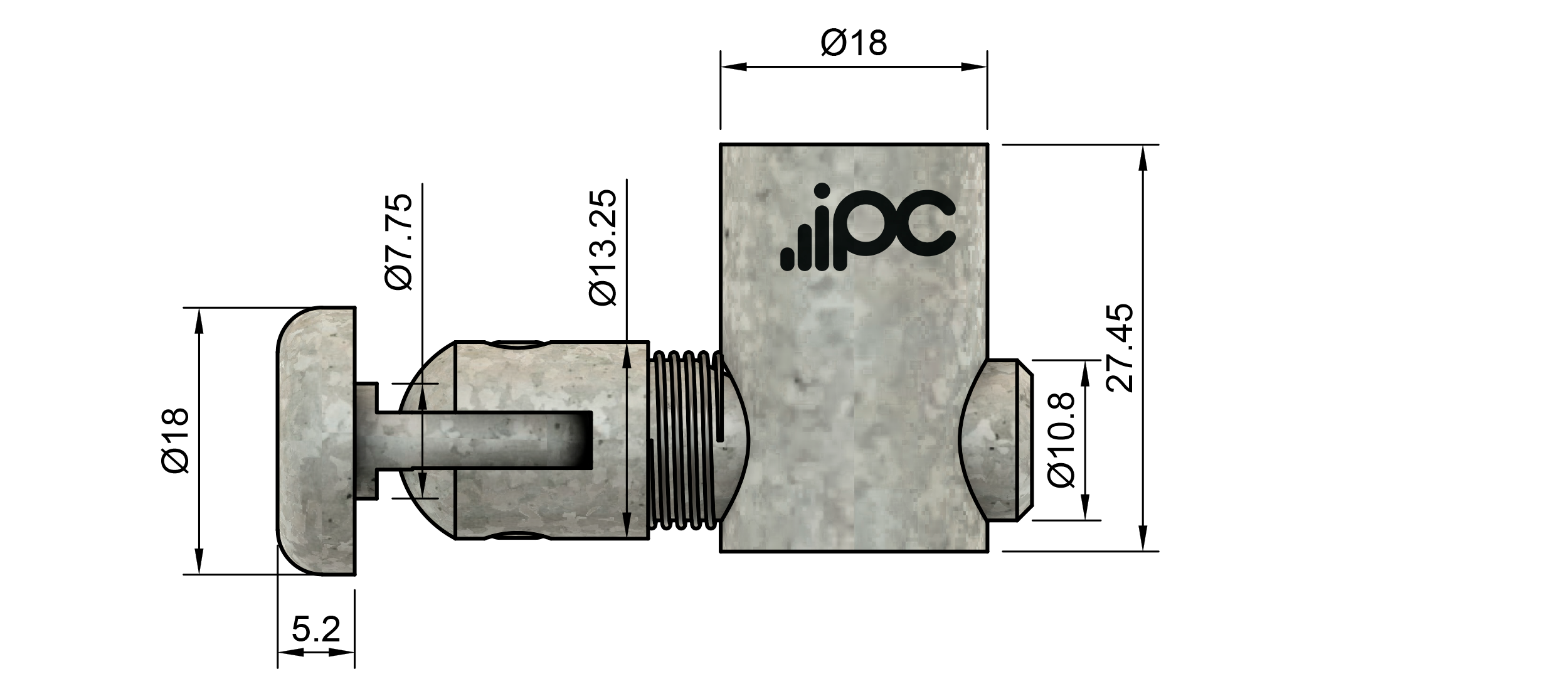 Dimensões do conector de cabeça articulada