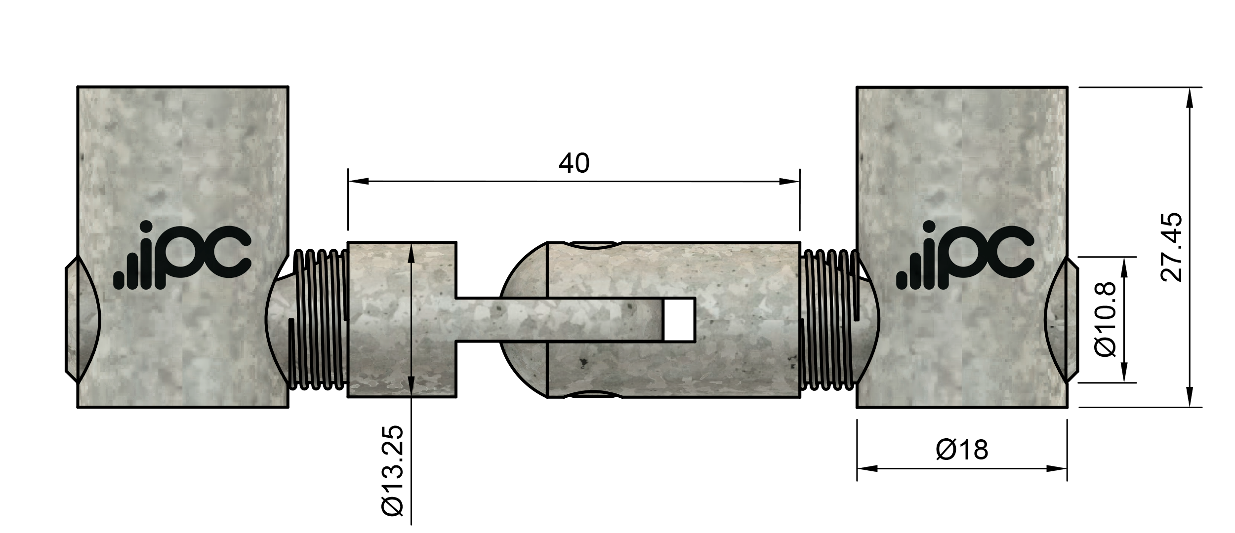 Dimensões do conector de corpo articulado